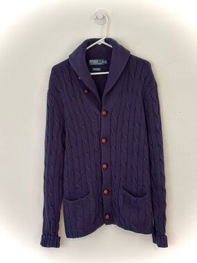 Polo by Ralph Lauren Navy blue Cable-Knit Shawl Collar Cardigan.